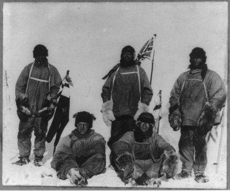 Members of the Terra Nova expedition at the South Pole- Robert F. Scott, Lawrence Oates, Henry R. Bowers, Edward A. Wilson, and Edgar Evans LCCN2009633365, 1912