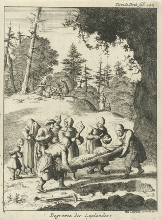 Begrafenisceremonie bij de Laplanders Begraven der Laplanders (titel op object), RP-P-1896-A-19368-370, Jan Luyken, 1682