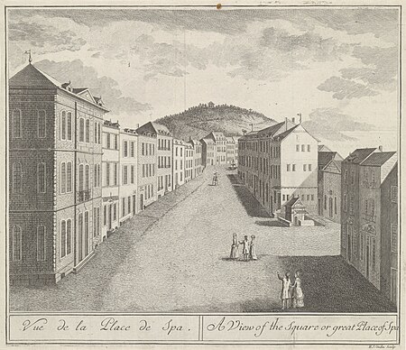 Gezicht op de Grote Markt van Spa Vue de la Place de Spa A view of the square or great Place of Spa (titel op object) Gezichten in en nabij Spa (serietitel), RP-P-1905-922, Henri-Joseph Godin, between 1778 and 1782