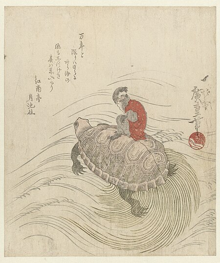 Long-haired turtle (minogame) with monkey, Utagawa Hiroshige, 1824