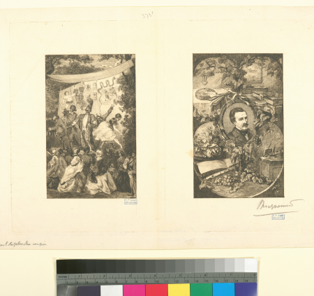 Two frontispieces on the same plate: Title for Les tréteaux, by Charles Monselet; Frontispiece for Oeuvres nouvelles by Champfleury., 1854