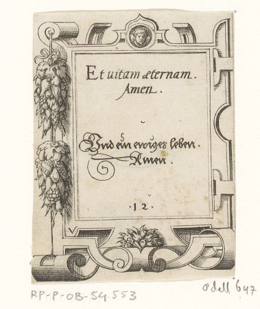 Gebed in Latijn en Duits in een rolwerk omlijsting, RP-P-OB-54.553, 1568