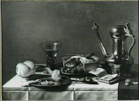 Still life with Jan Steen pitcher, pie, lemon, bread, and berkemeyer, Pieter Claesz, 1642