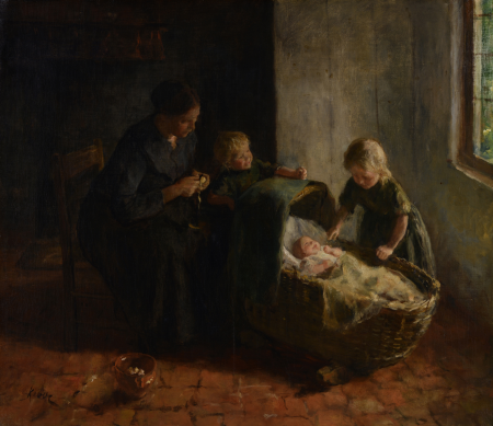 Woman with two children at a cradle, Jacob Simon Hendrik Kever, between 1875 and 1920