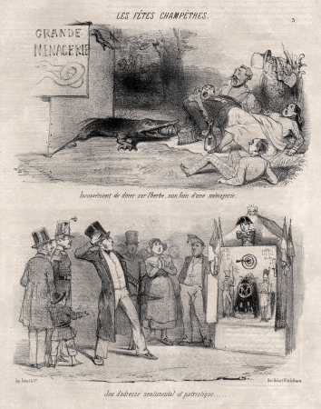 The inconvenience of eating on the grass, not far from a menagerie.Sentimental and patriotic game of skill., Charles Vernier, circa 1850