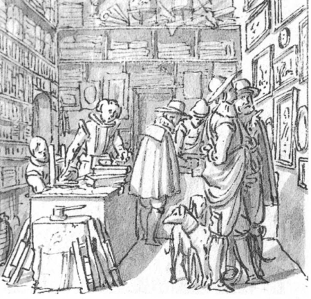 People and two dogs in a book shop. Alternative title: Book and Picture Shop., Dirck de Bray, between 1607 and 1678