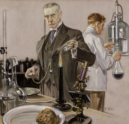 Timing an Experiment, Howard Watch ad illustration. Alternative title: Scientist heating test tube (illustration for Howard Watch), Frank Xavier Leyendecker, circa 1910