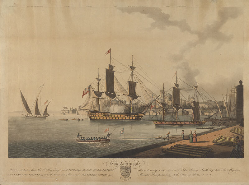 Constantinople. North view, taken from the Artillery Quay (called Tophana) with H.B.M's ships Le Tigre and La Bonne Citoyenne under the command of Sir Sidney Smith, 1799 RMG S4867, John Thomas Serres, 1 August 1805