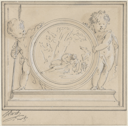 Twee putti met medaillon, waarin Narcissus en Echo, RP-T-1892-A-2730, Jacob de Wit, 1744