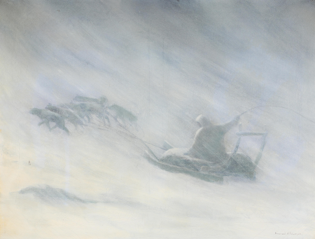 Scenery with a greenlander with a dog sledge in a snow storm., Emanuel Petersen, between 1921 and 1948