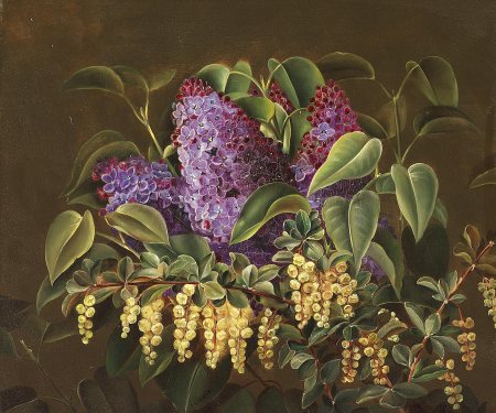 Still life with lilacs and a branch of yellow barberry., Johan Laurentz Jensen, between 1818 and 1856