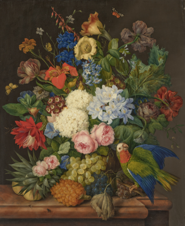 Viburnum Oculus, Roses, Plumbago, Primula Auricula, Hemerocallis, Companula, Chinadoxia and Epiphyllum on a ledge with a Pineapple and a Parrot, Franz Xaver Petter