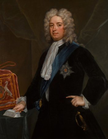 Portrait of Sir Robert Walpole, 1st Earl of Orford (1676-1745) as Chancellor of the Exchequer, standing three-quarter-length, in a black velvet coat, wearing the Star and Riband of the Order of the Garter, Charles Jervas