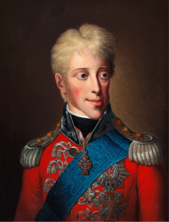 Portrait of Frederik VI (1784-1839) in a red jacket and with the Order of the Elephant, Christoph Wilhelm Wohlien