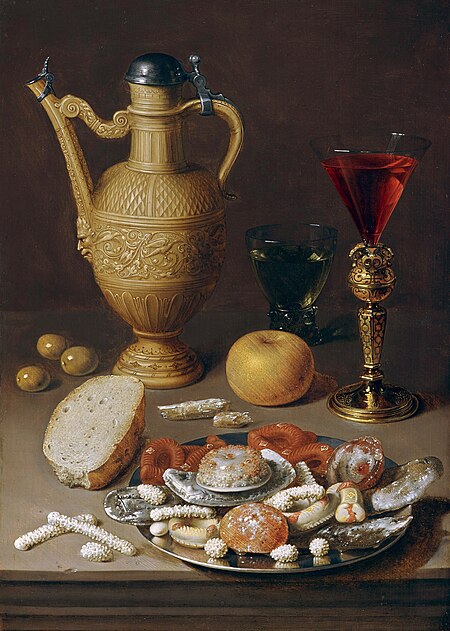 A stoneware ewer, a Berkemeyer and a conical glass in a bekerschroef, with confectionary in a silver platter, on a ledge, David Rijckaert (II), between 1607 and 1642
