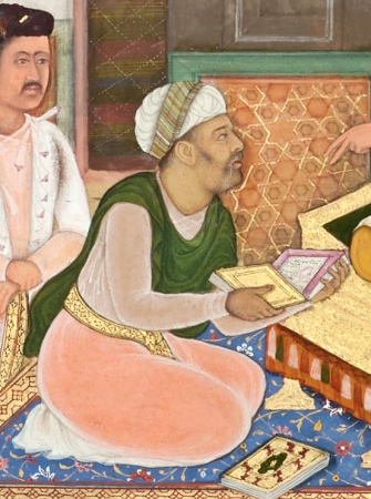 Abu'l-Fazl presents Akbarnama to Akbar (CBL In 03.176), Govardhan, between 1603 and 1605