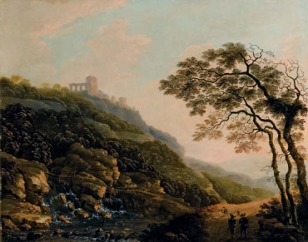 Mountain landscape with waterfall and two soldiers on a road, Cornelis Matthieu