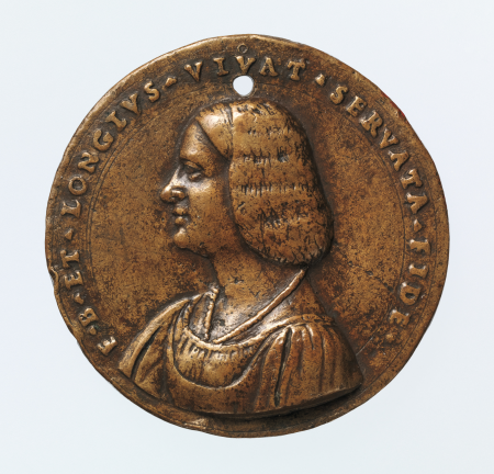Portrait medal of an Unknown Lady (obverse); A Kneeling Man with a Basket of Fruit, Cupid, and the Caduceus of Mercury (reverse), Gianmaria Pomedello