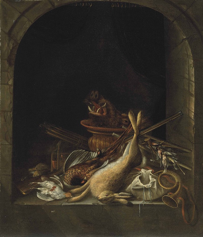 A hare, pheasants, partridge, and other game in an arched stone window, with hunting objects, Jacob Biltius, 1670s