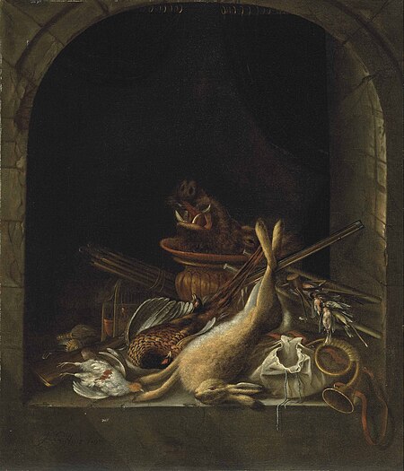 A hare, pheasants, partridge, and other game in an arched stone window, with hunting objects, Jacob Biltius, 1670s