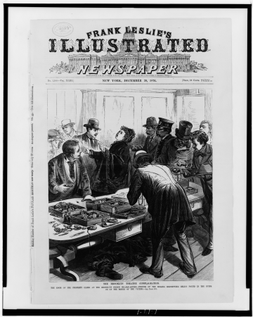 The Brooklyn Theatre conflagration-The room of the property clerk at the Brooklyn police headquarters-Friends of the missing identifying relics found in the ruins or on the bodies of the LCCN98516382, Frank Leslie, 1876