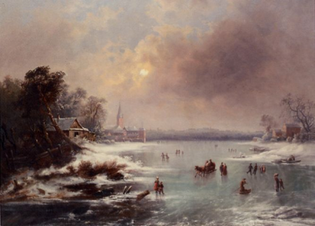 Figures ice skating on a frozen lake, Johann Friedrich Nagel