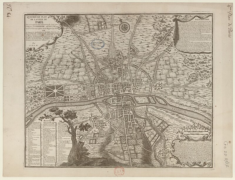 Fourth plan of the city of Paris, its growth and the state in which it was under the reign of Philippe Auguste who died in the year 1223 after having reigned 43 years / By MLCDLM; A. Coquart del. and sculp., Antoine Coquart