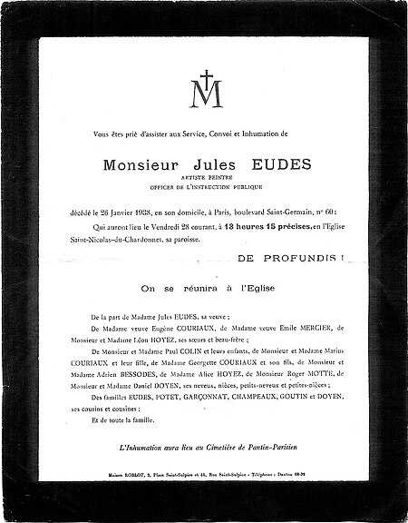 Eugène-Jules Eudes-Faire-part de décès-1938, Eugène-Jules Eudes
