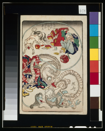 Two long-necked creatures accosting a noodle shop customer LCCN2004666382, Kawanabe Kyōsai, 1863