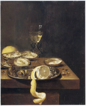 Still life of peeled lemon with chestnuts on a pewter dish, with oysters, wine glass and another lemon, on a table, Jan Jansz van de Velde, 1661