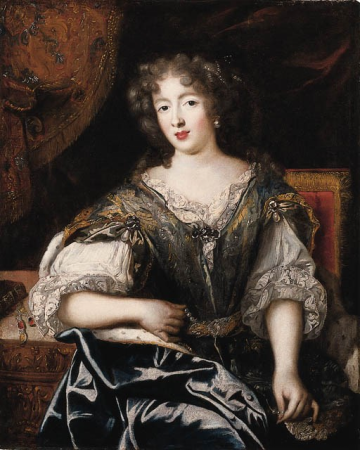 "Portrait of a Lady, said to be Madame de La Valliére, seated, three-quarter length beside a table, wearing a blue gown decorated with jewels, and holding a broken string of pearls", Pierre Mignard I