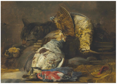 A woodcock, partridge, kingfisher, finches and a cat, with a decoy whistle and a wooden snare, Carstian Luyckx, between 1630 and 1658