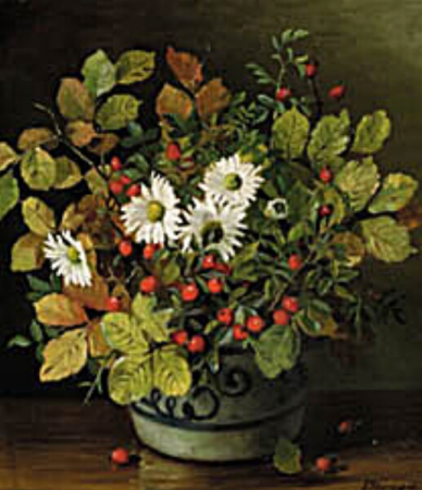 Beech leaves, daisies and branches of rose hips in a stoneware jar., Emmy Thornam, between 1870 and 1935