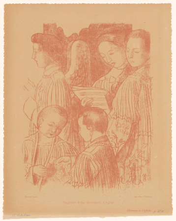 Drie zingende engelen en twee koorknapen tijdens de Heilige Mis Fragment d'une décoration d'église (titel op object), RP-P-1941-391, Auguste Clot, 1899