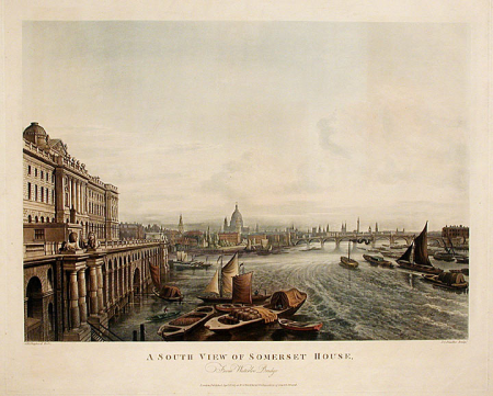 A South View of Somerest House, from Waterloo Bridge, Thomas Hosmer Shepherd, circa 1817