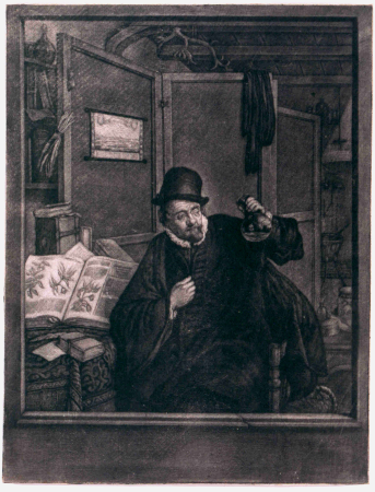 Doctor looking at a vial of urine (piskijker), next to him an opened herbal, in the background a folding screen and antlers PK-1896-P-1, Jan Stolker