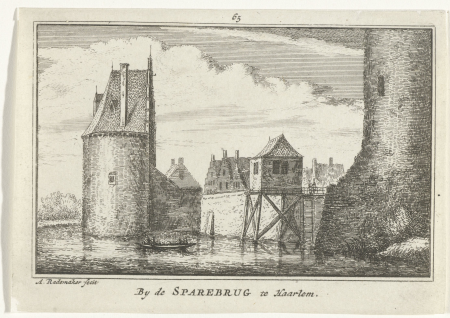 Gezicht op de Catharijnetorens te Haarlem By de Sparebrug te Haarlem (titel op object), RP-P-OB-73.418, Abraham Rademaker, between 1727 and 1733