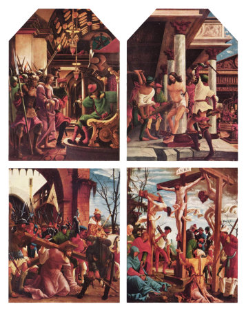 Sebastian Altar of the Augustinian Canonry of St. Florian near Linz, right inner wing of the Passion of Christ, scenes from top left: Christ before Caiaphas, Flagellation of Christ, Carrying of the Cross, Crucifixion of Christ, Albrecht Altdorfer, circa 1509-1516