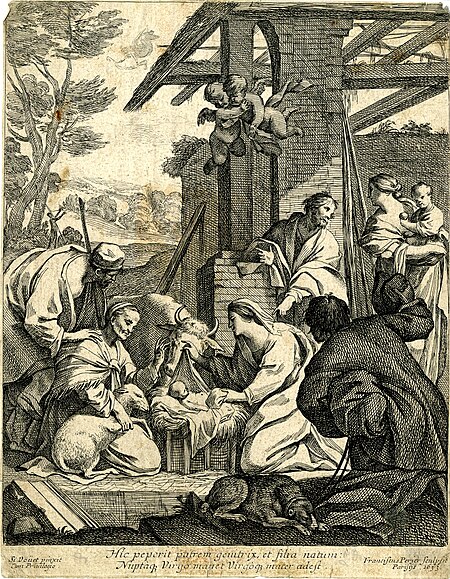 François Perrier - Adoration of the shepherds, with St Joseph pointing at Virgin kneeling in front of the manger and unveiling Christ child to the shepherds; after Vouet. 1633, X,6.49, Simon Vouet