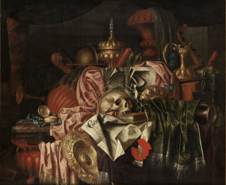Vanitas still life with a skull, silver-gilt tableware and musical instruments on a marble table, Franciscus Gijsbrechts, between 1672 and 1676