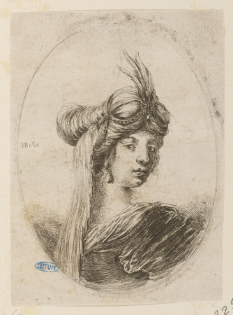 Femme vue de dos avec un turban orné d'une aigrette d'où descend un voile le long de son dos, GDUT3325, Stefano della Bella, En 1650