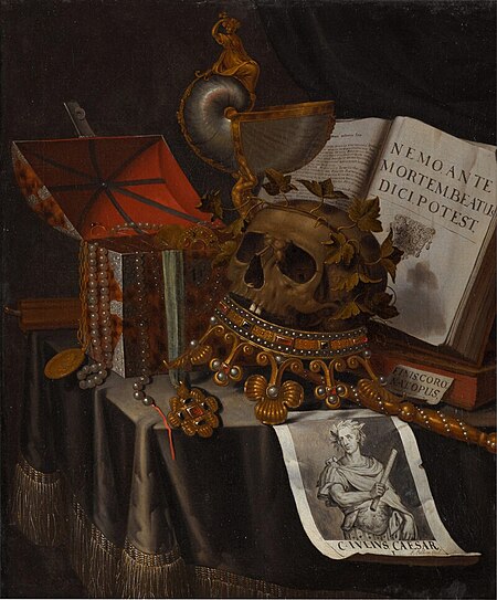 Vanitas still life with a laurelled skull upon an inverted crown, Evert Collier