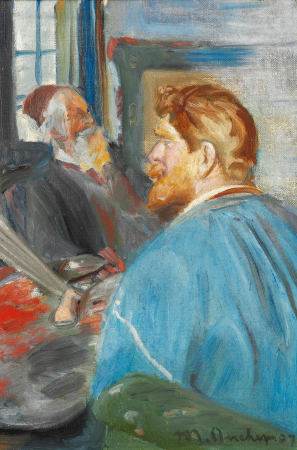 Krøyer sitting in front of the easel with his portrait of Drachmann. Study., Michael Peter Ancher, 1907
