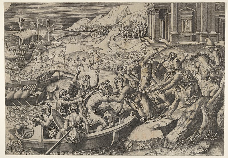 The abduction of Helen; battle scene on a shore with two men pulling Helen into a boat at center and another man pulling on her drapery in the opposite direction, Marcantonio Raimondi, circa 1520–27