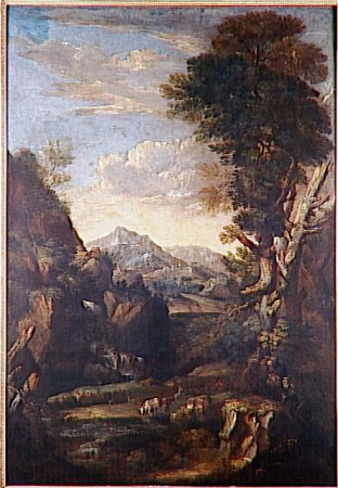 Landscape with a waterfall and a shepherd guarding a flock, Salvator Rosa, between 1650 and 1725
