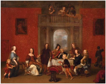 Portrait of a family in an interior, Charles Emmanuel Biset, between 1670 and 1675