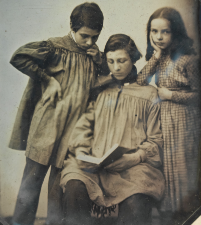 [Three Children, One Seated Holding an Open Book, the Other Two Standing, in Front of a Light Background], circa 1845