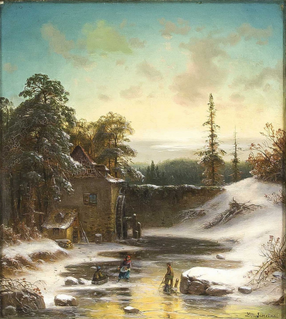 Winter landscape in the evening with a family enjoying themselves on the ice in front of a watermill, Ludwig Scheins
