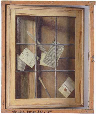 Trompe l'oeil of a window with attached letters and writing implements, Cornelis Norbertus Gijsbrechts, 1670
