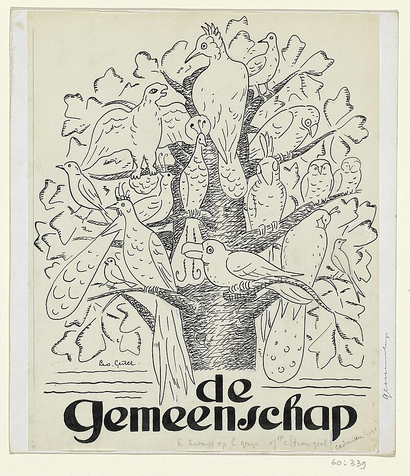 Design for the cover of the magazine De Gemeenschap, depicting birds in a tree, Leo Gestel, 1935